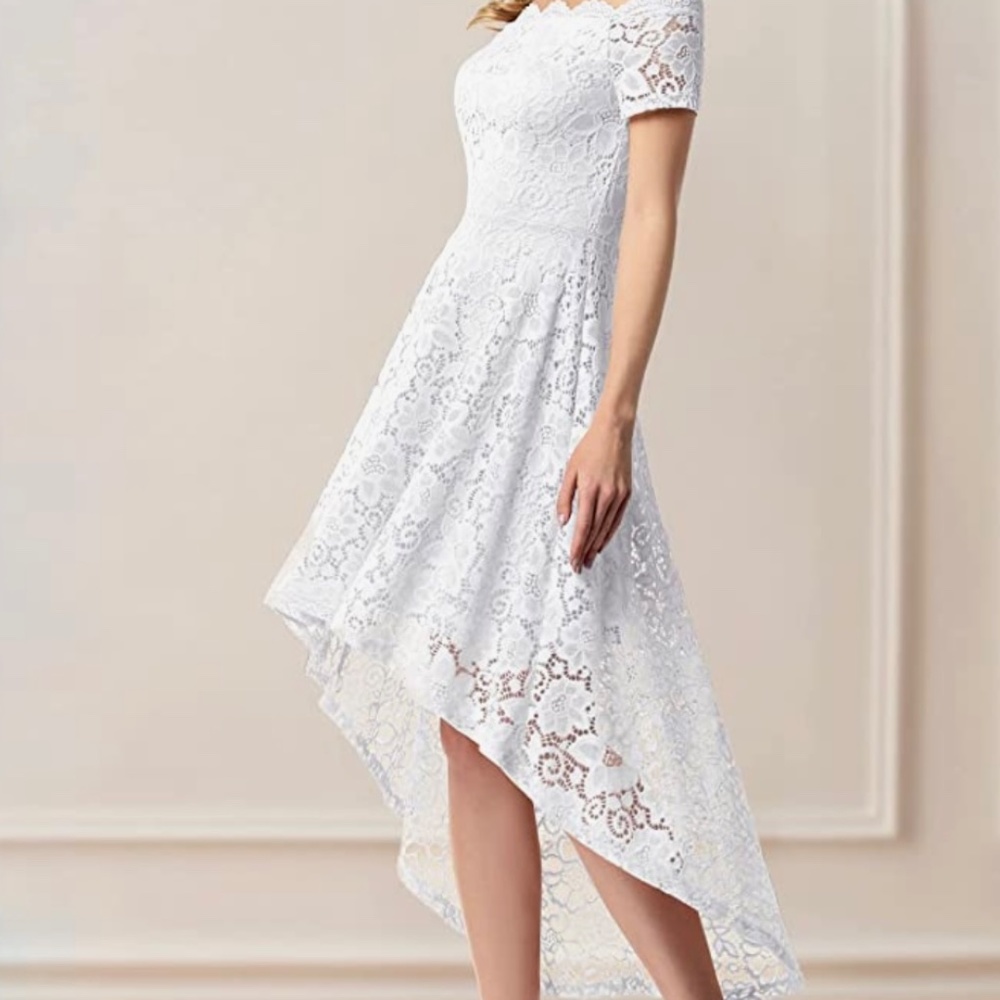 Women's Lace Cocktail Dress Hi-Lo Off Shoulder Swing Formal Party Dress - Picture 2 of 16